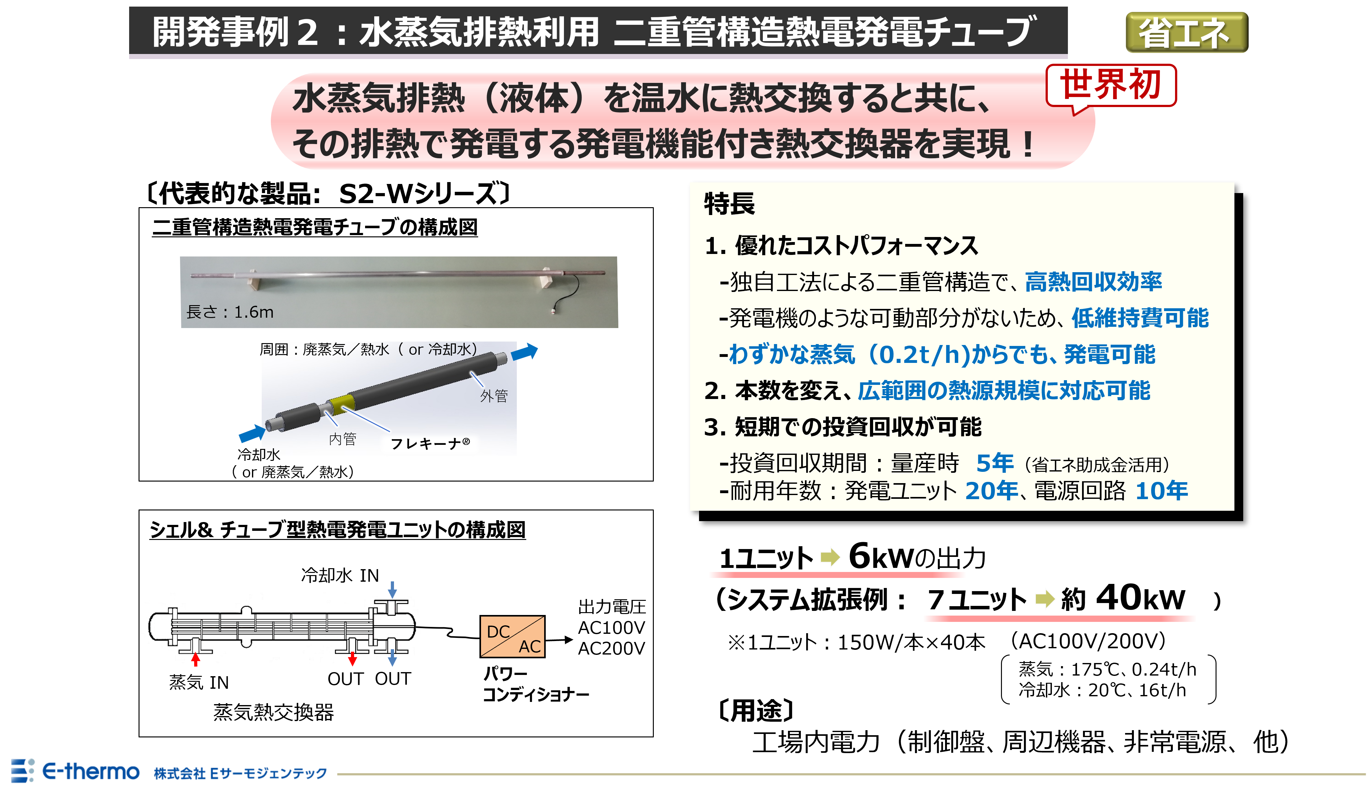 開発事例2:水蒸気排熱利用 二重管構造熱電発電チューブ